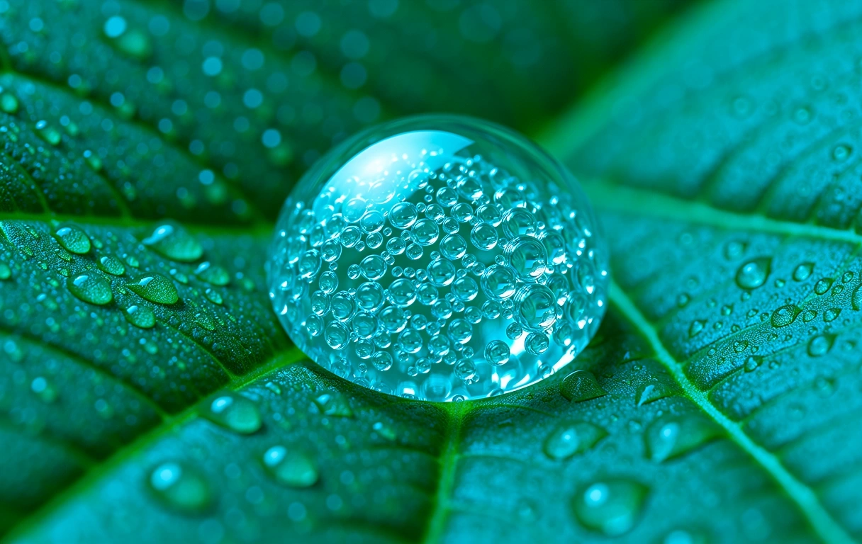 Microscopic water droplet on botanical leaf representing purity and data clarity